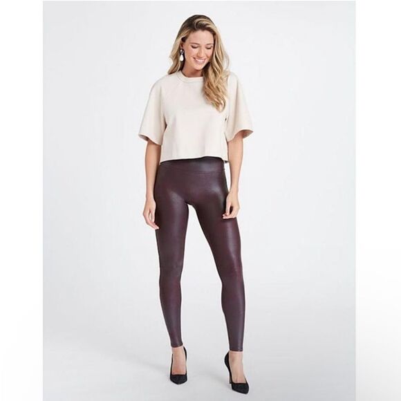 SPANX Burgundy Faux Leather Leggings Size Small - Picture 1 of 16